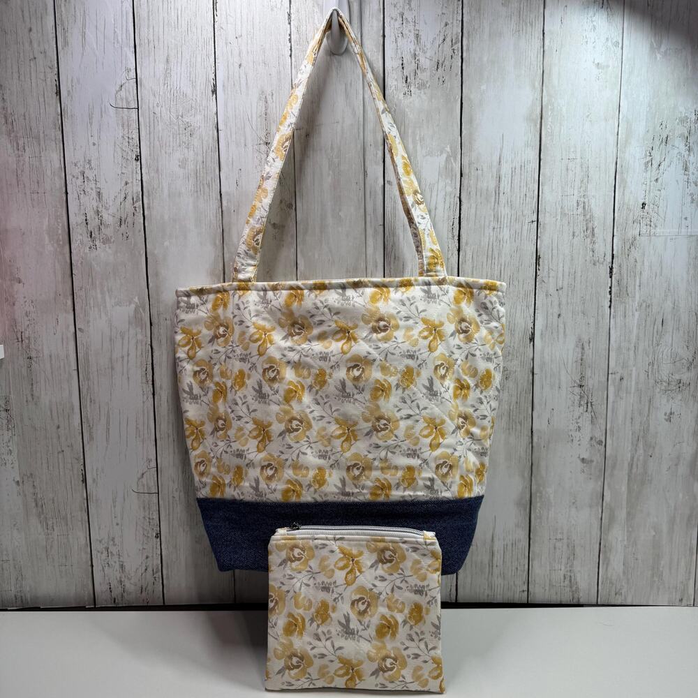 Quilted Yellow Floral Tote Bag Denim Accent : Matching Zipper Pouch Included